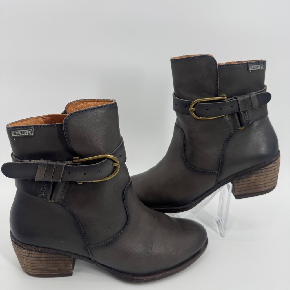 Pikolinos Women Leather Ankle Boots Gray Buckle Strap Side‎ Zip Booties SZ EU 37